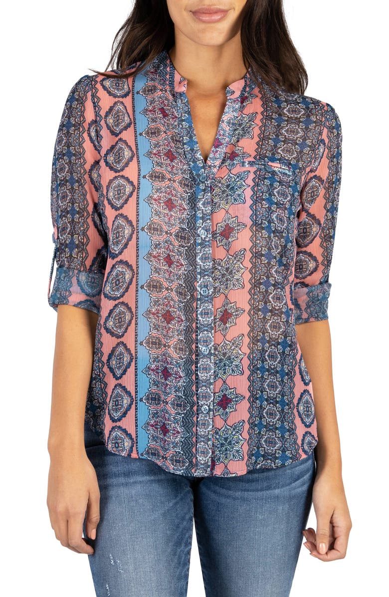 KUT from the Kloth Jasmine Chiffon Button-Up Shirt, Main, color, Temara Stripe Coral