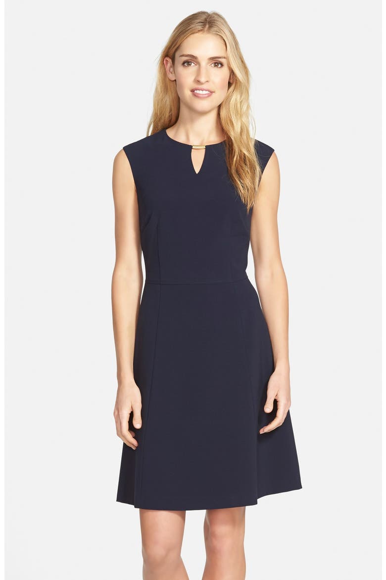 Embellished Bi-Stretch Fit & Flare Dress, Main, color, NAVY