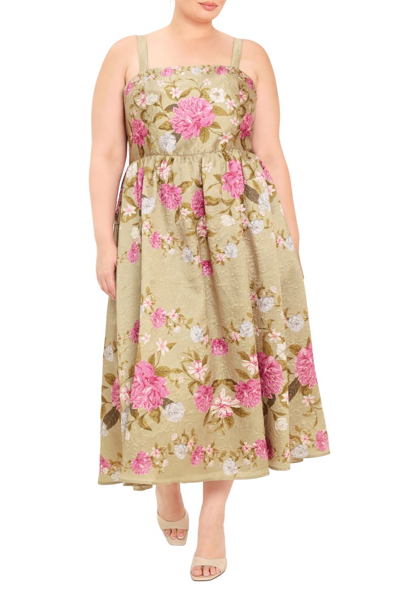Floral Square Neck Midi Dress, Main, color, TAN