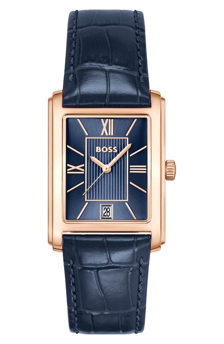 BOSS Principle Dress Leather Strap Watch, 28mm x 7.8mm, Main, color, Blue