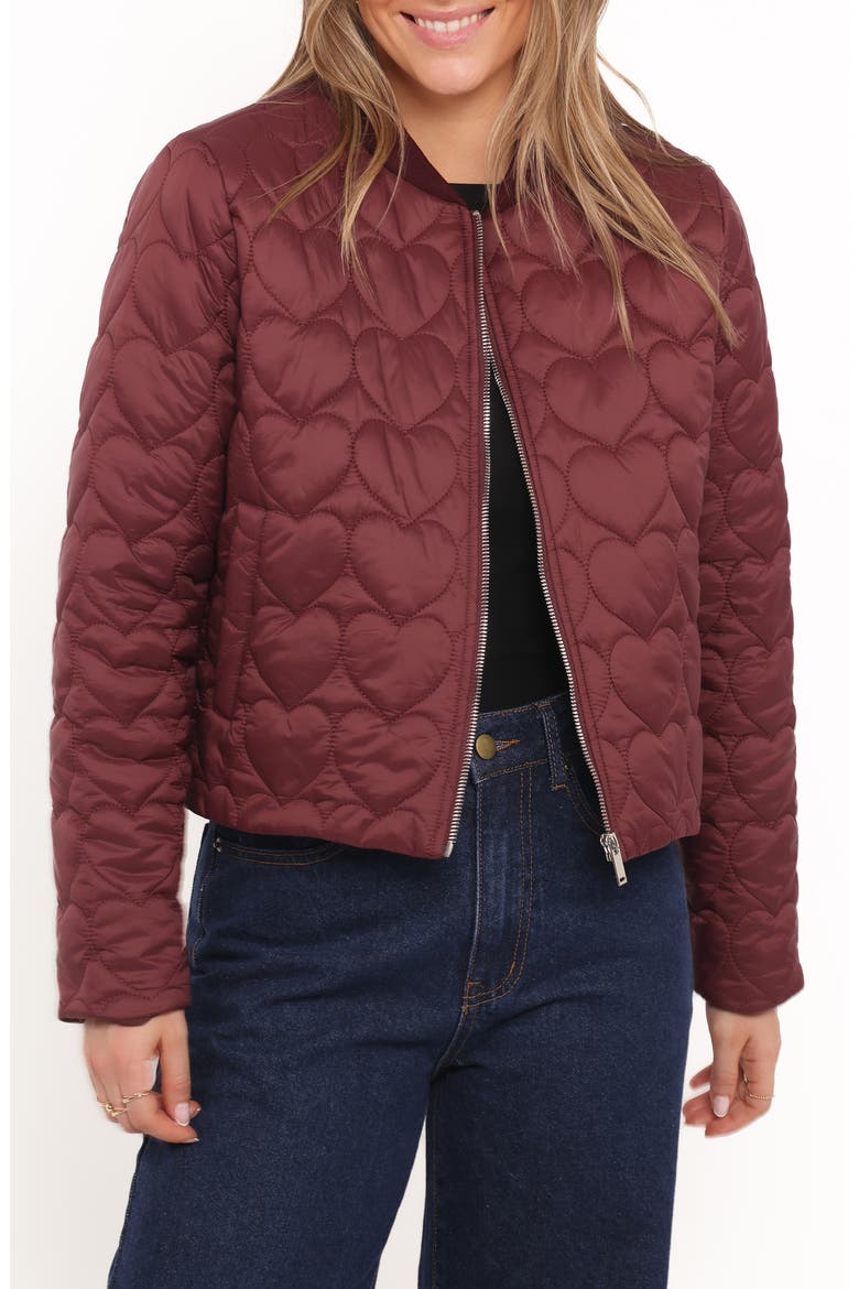 Genevieve Heart Quilted Bomber Jacket, Main, color, CHERRY