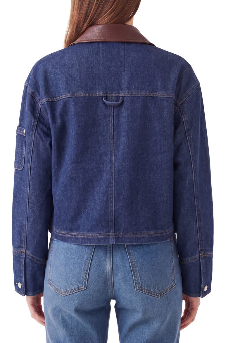 Faux Leather Collar Cropped Denim Trucker Jacket, Alternate, color, RINSE WASH