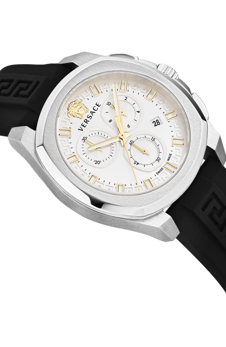 Versace Geo Silicone Strap Chronograph Watch, 43mm, Alternate, color, Stainless Steel