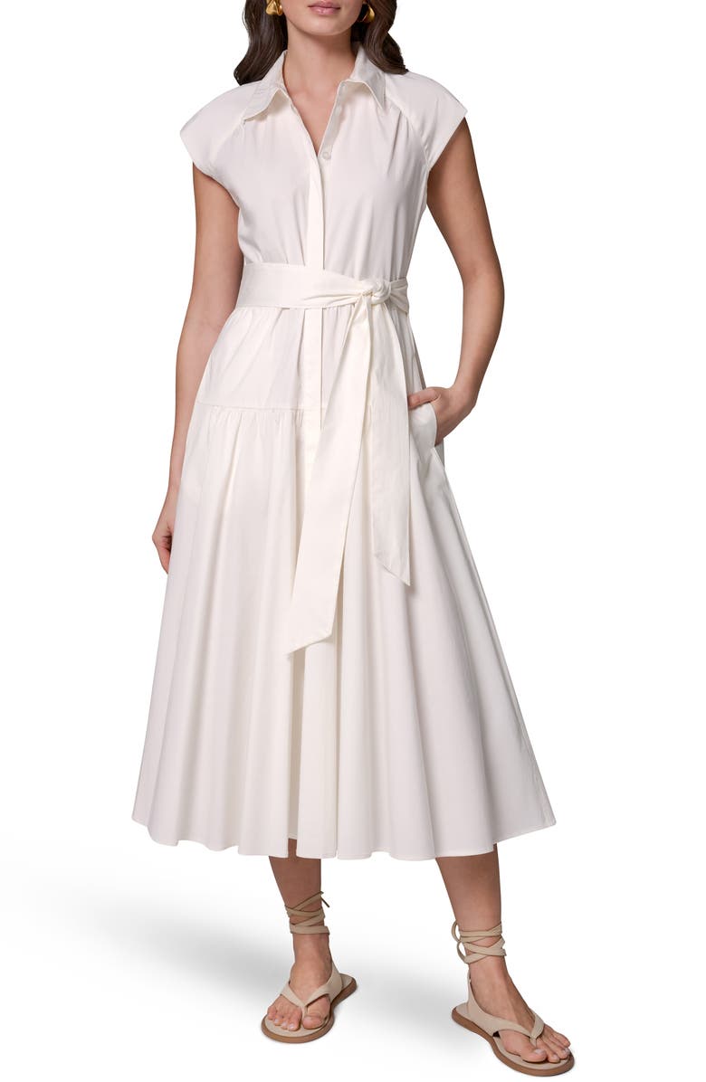 Donna Karan New York Tie Waist Stretch Poplin Midi Dress, Main, color, Cream