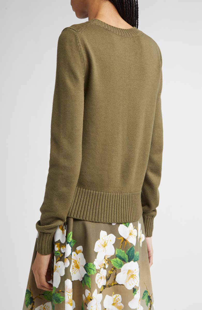 Oscar de la Renta Cherry Blossom Embroidered Virgin Wool Sweater, Alternate, color, Khaki