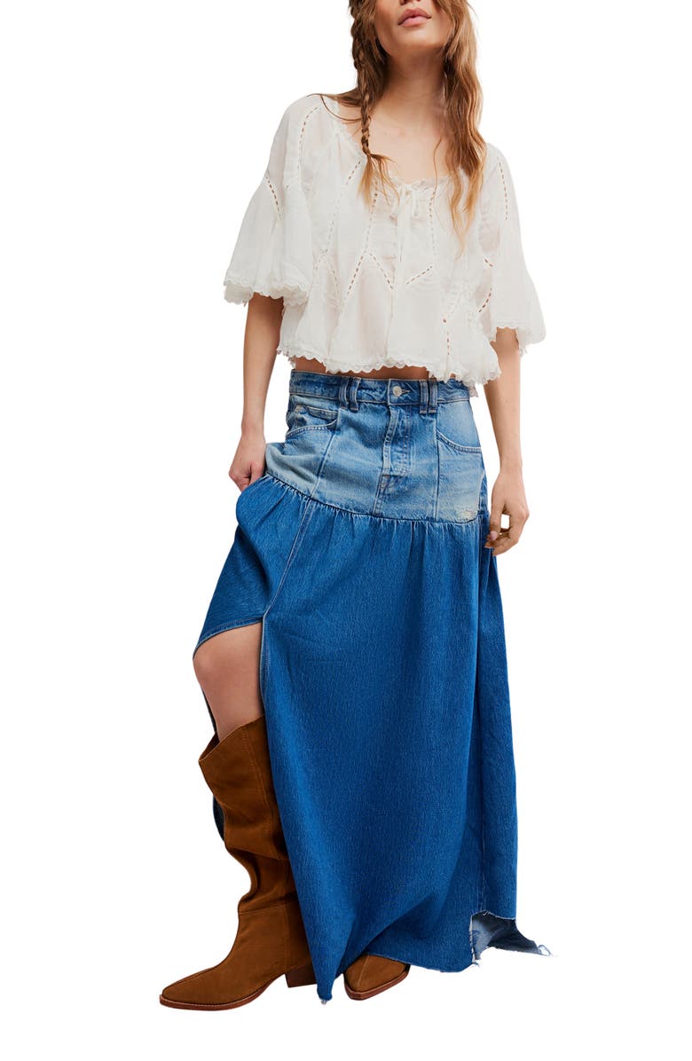 Free People Good Company Mixed Denim Maxi Skirt, Alternate, color, 