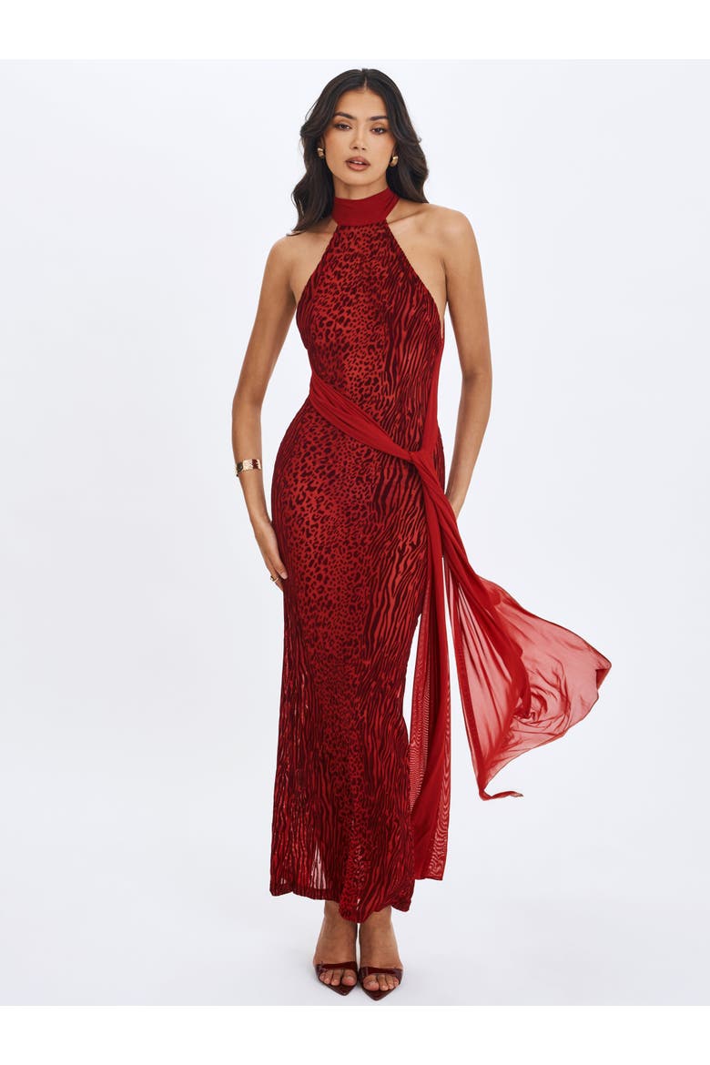 Cerise Burnout Velvet Multiwear Mesh Ribbon Maxi Dress, Alternate, color, Scarlet