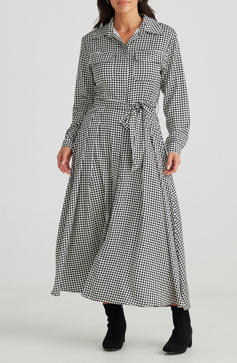 Brave+True Rossellini Houndstooth Check Long Sleeve Shirtdress, Main, color, Black Houndstooth