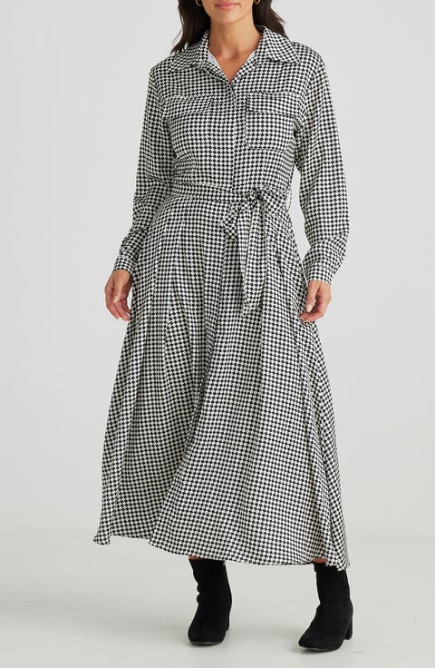 Rossellini Houndstooth Check Long Sleeve Shirtdress