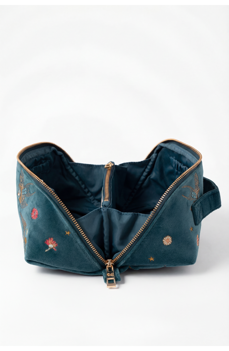 Elizabeth Scarlett Swallows Open Flat Velvet Makeup Bag, Alternate, color, Rich Blue
