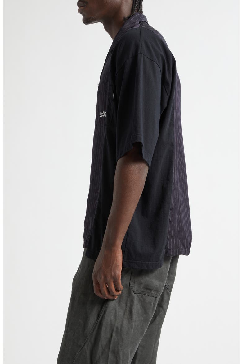 Mixed Media Pinstripe Short Sleeve Button-Up Shirt, Alternate, color, NAVY STRIPE