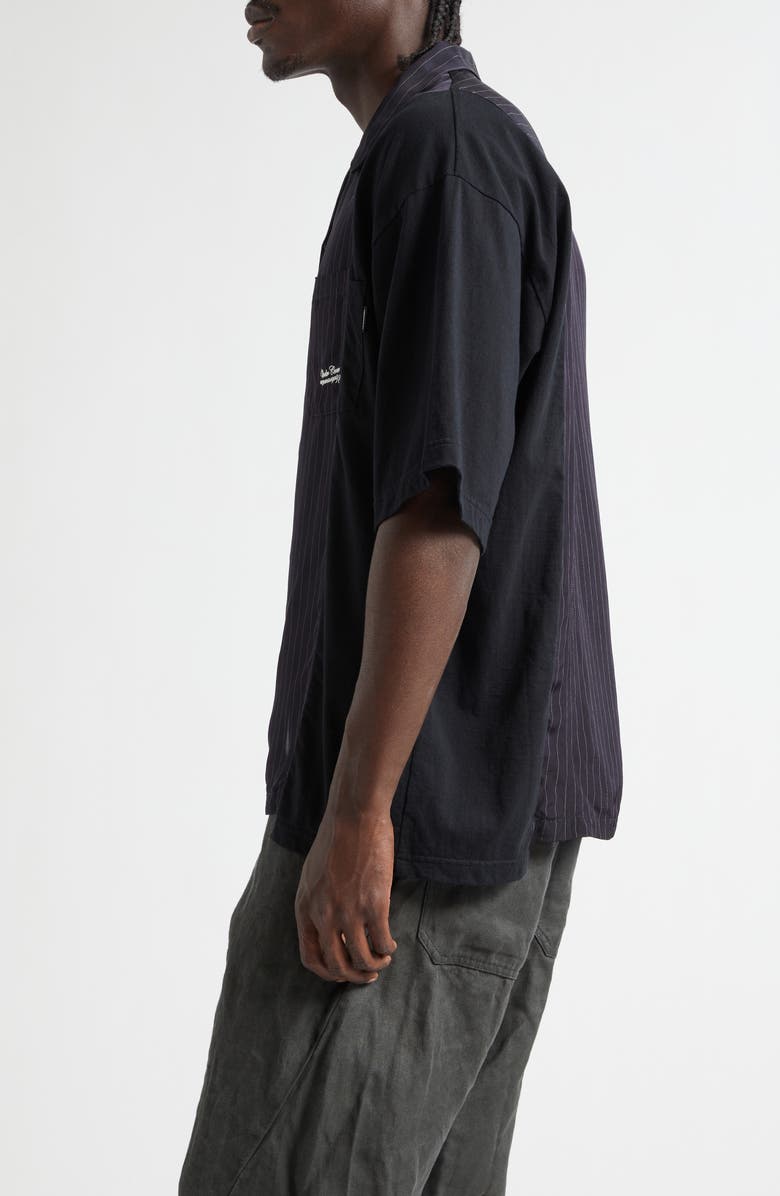 Undercover Mixed Media Pinstripe Short Sleeve Button-Up Shirt, Alternate, color, Navy Stripe