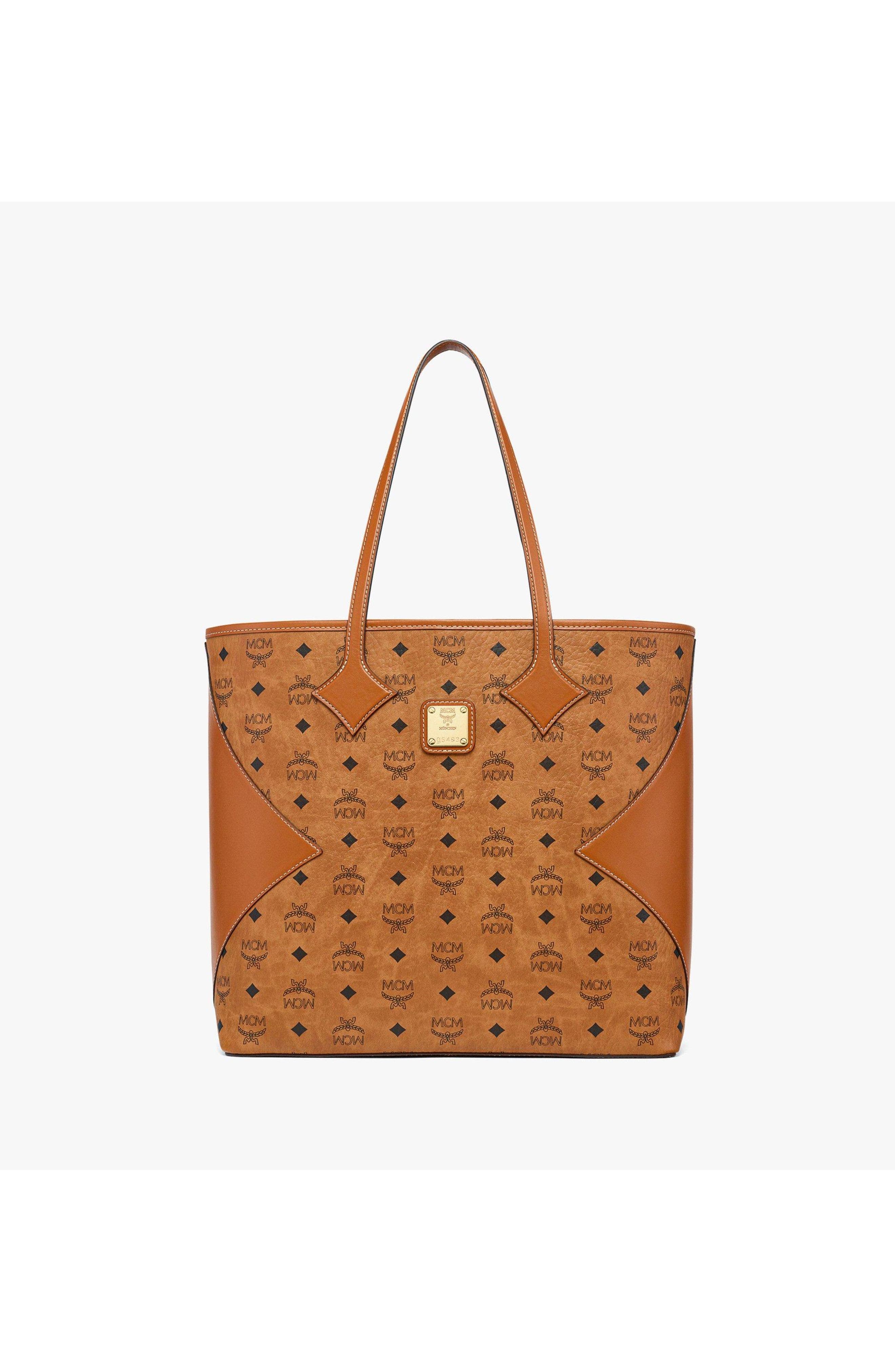 MCM Large Dia Shopper in Visetos Leather Mix, Main, color, Cognac