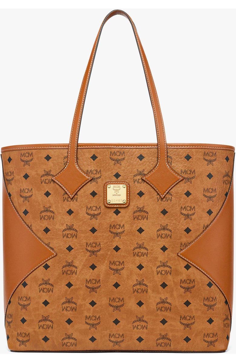 MCM Large Dia Shopper in Visetos Leather Mix, Main, color, Cognac