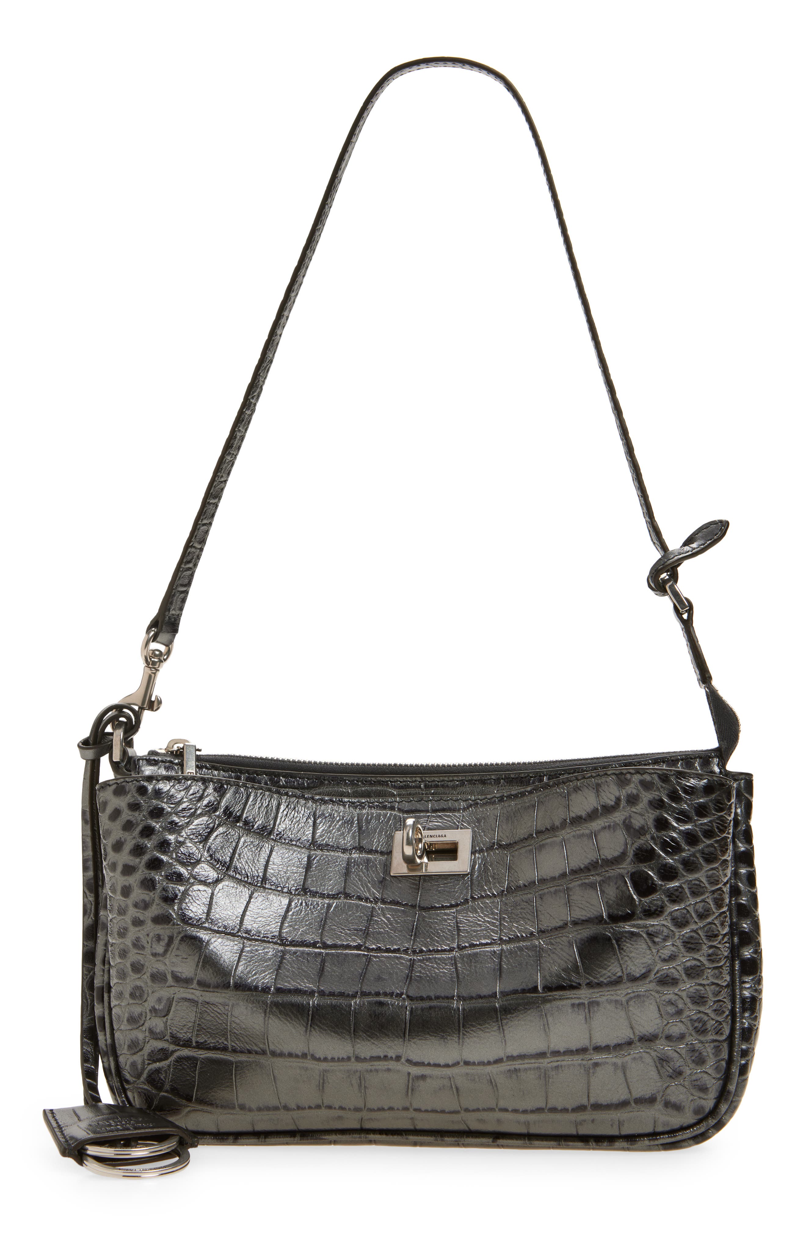Balenciaga Rodeo Sling Croc Embossed Leather Pouchette, Main, color, 1015 Gunmetal