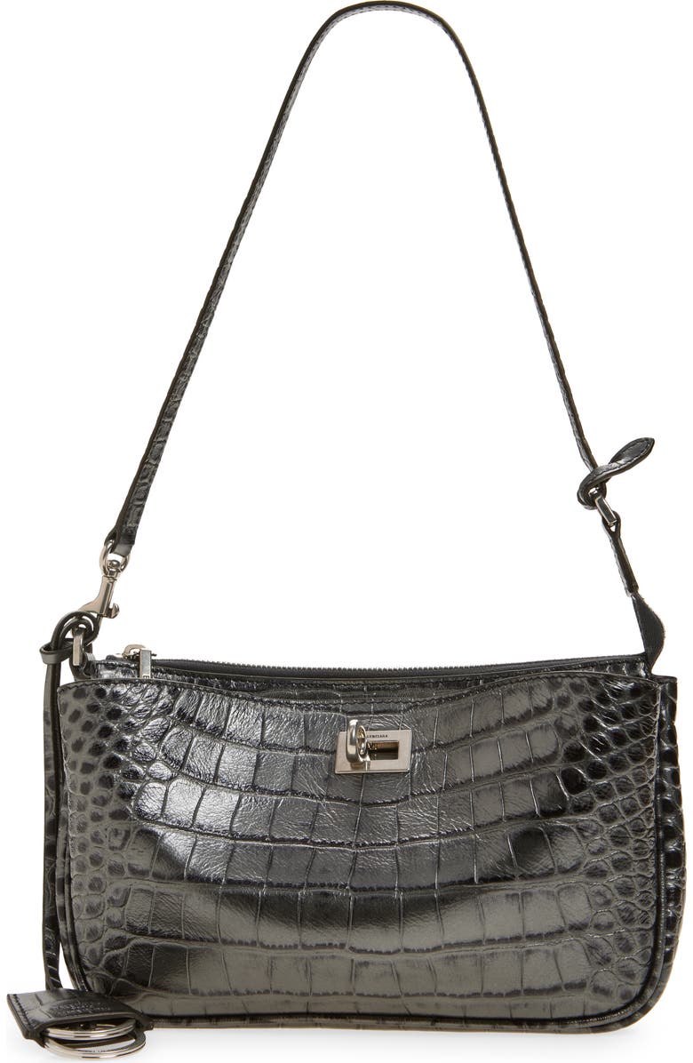 Balenciaga Rodeo Sling Croc Embossed Leather Pouchette, Main, color, 1015 Gunmetal