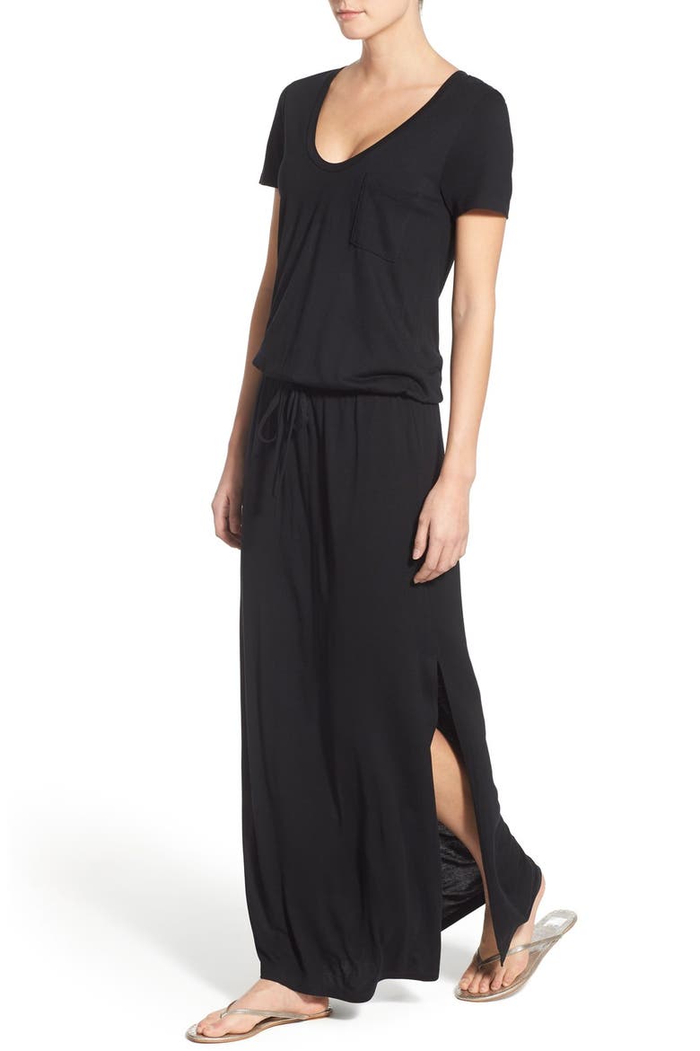 Drawstring Jersey Maxi Dress, Alternate, color, BLACK