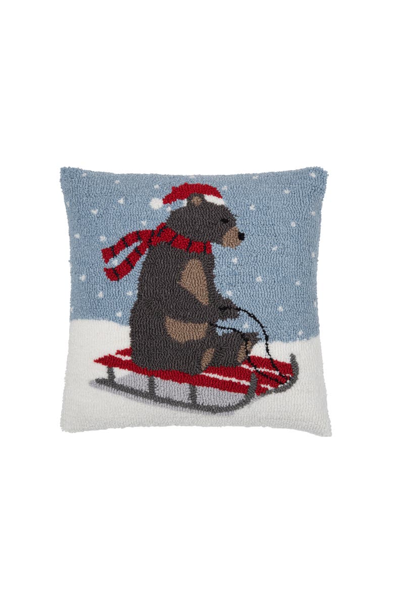 C&F Home Sledding Bear Hooked Christmas Throw Pillow, 18" x 18", Main, color, Brown