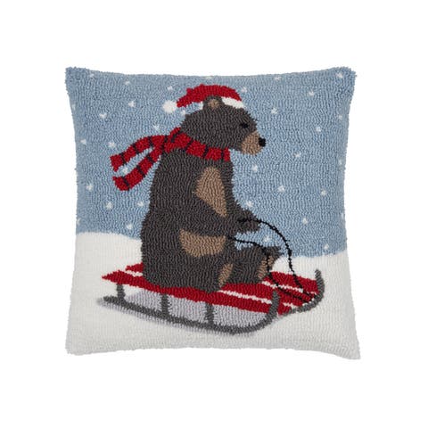 Sledding Bear Hooked Christmas Throw Pillow, 18" x 18"
