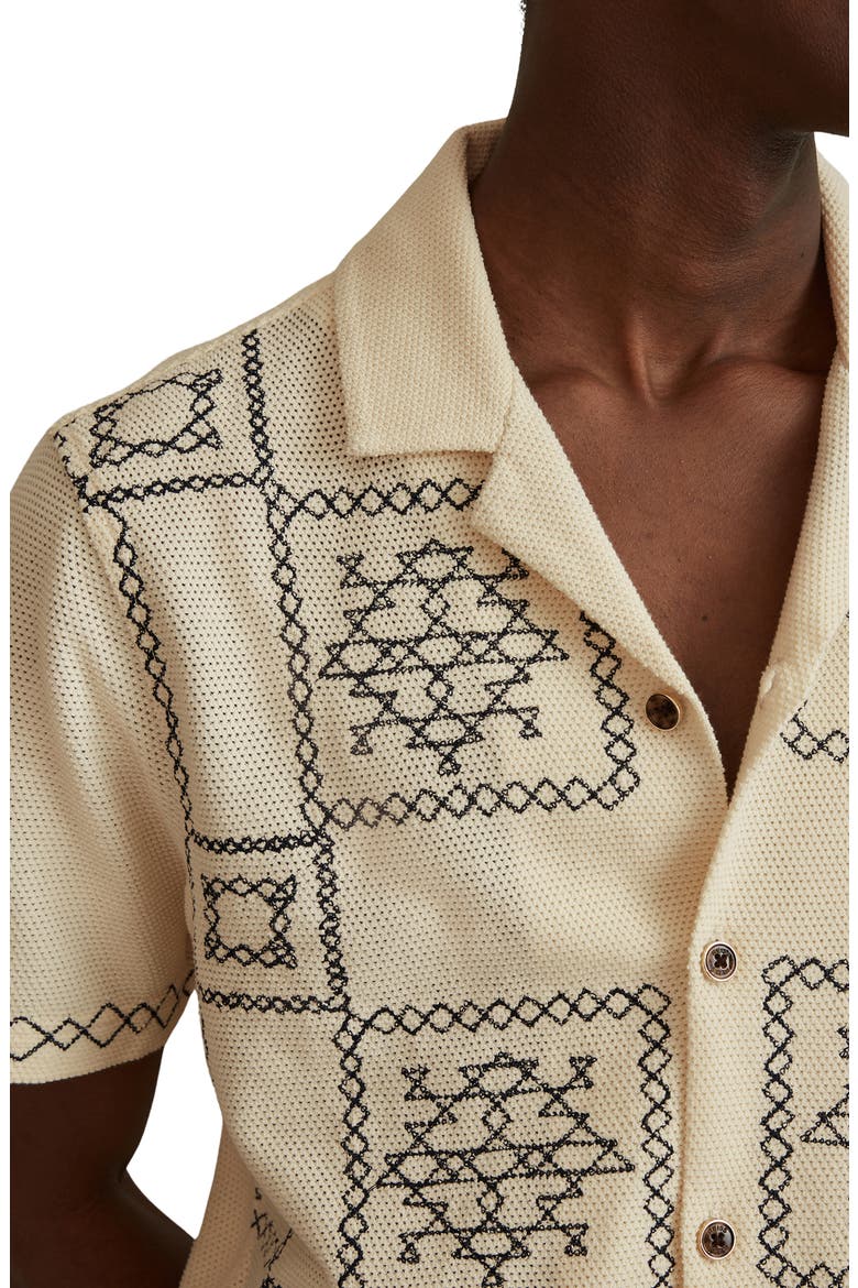 Cosmos Embroidered Short Sleeve Cotton Button-Up Shirt, Alternate, color, ECRU/ NAVY