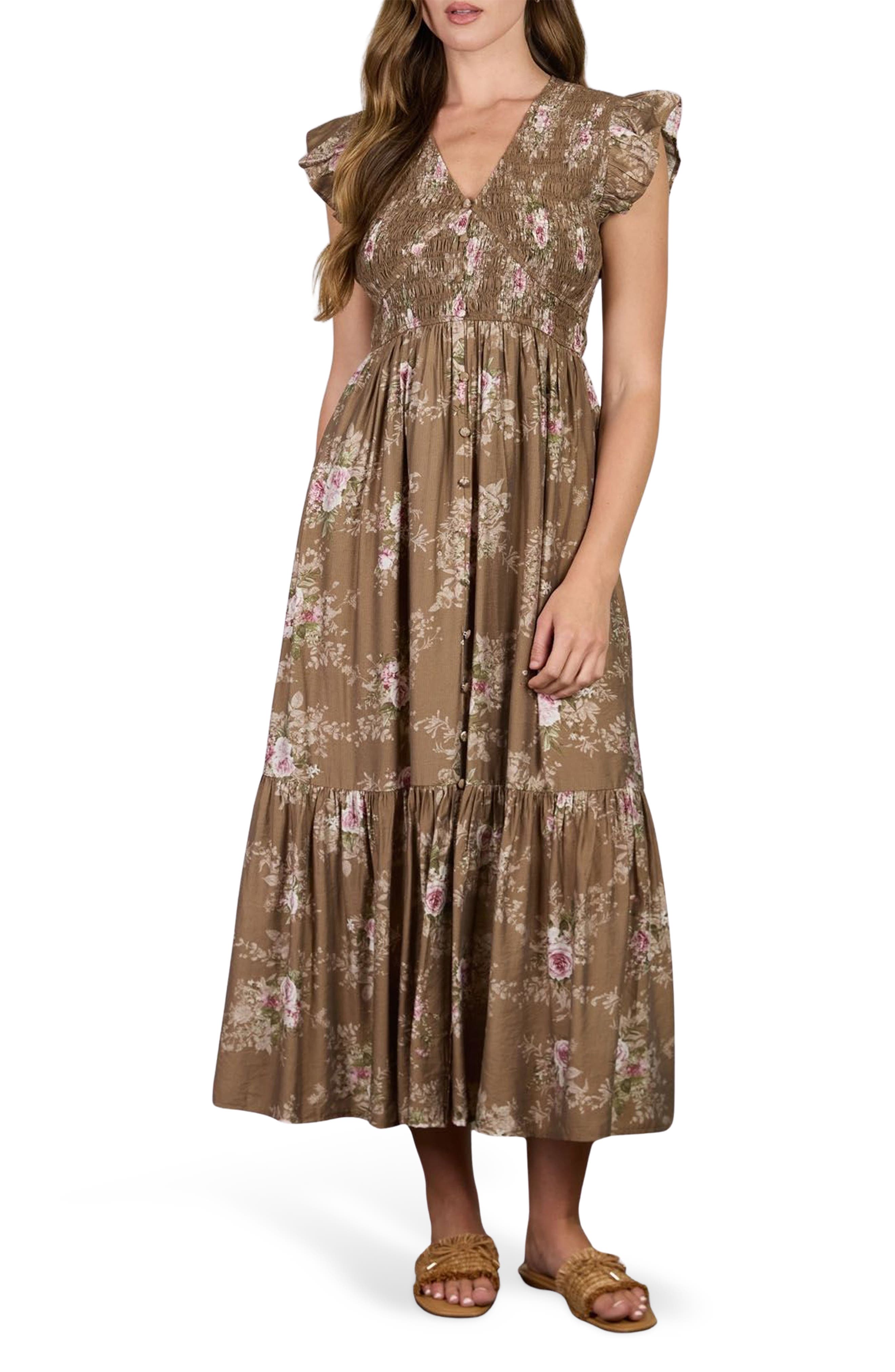 AUGUST SKY Floral Smocked Midi Dress
