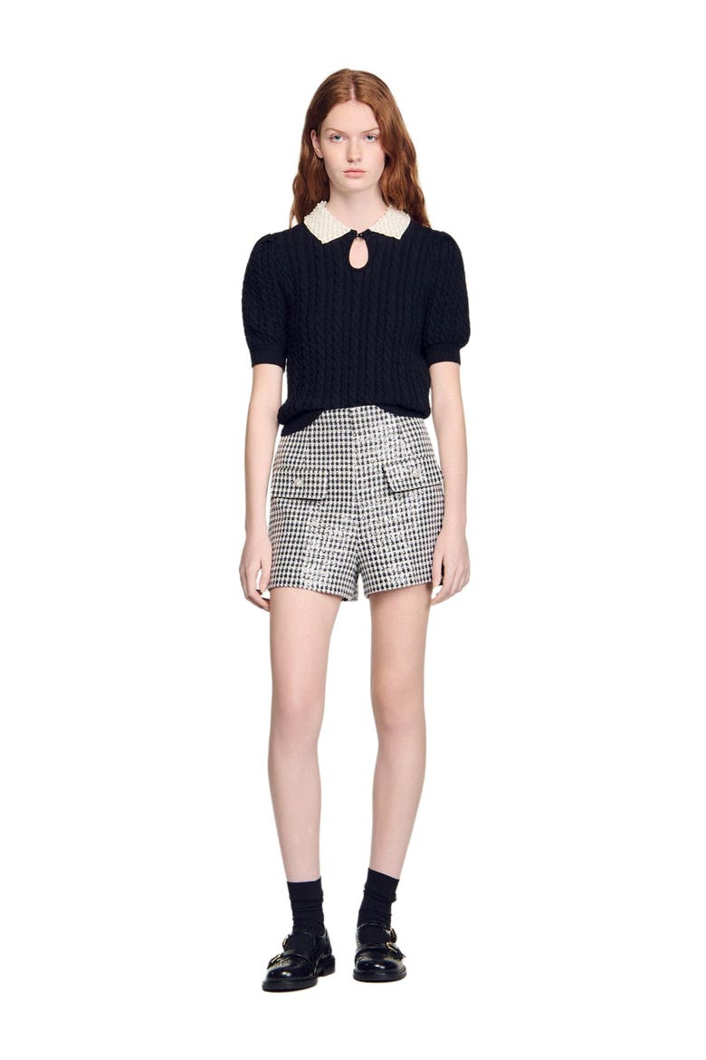 Detachable collar cable knit sweater, Alternate, color, Black