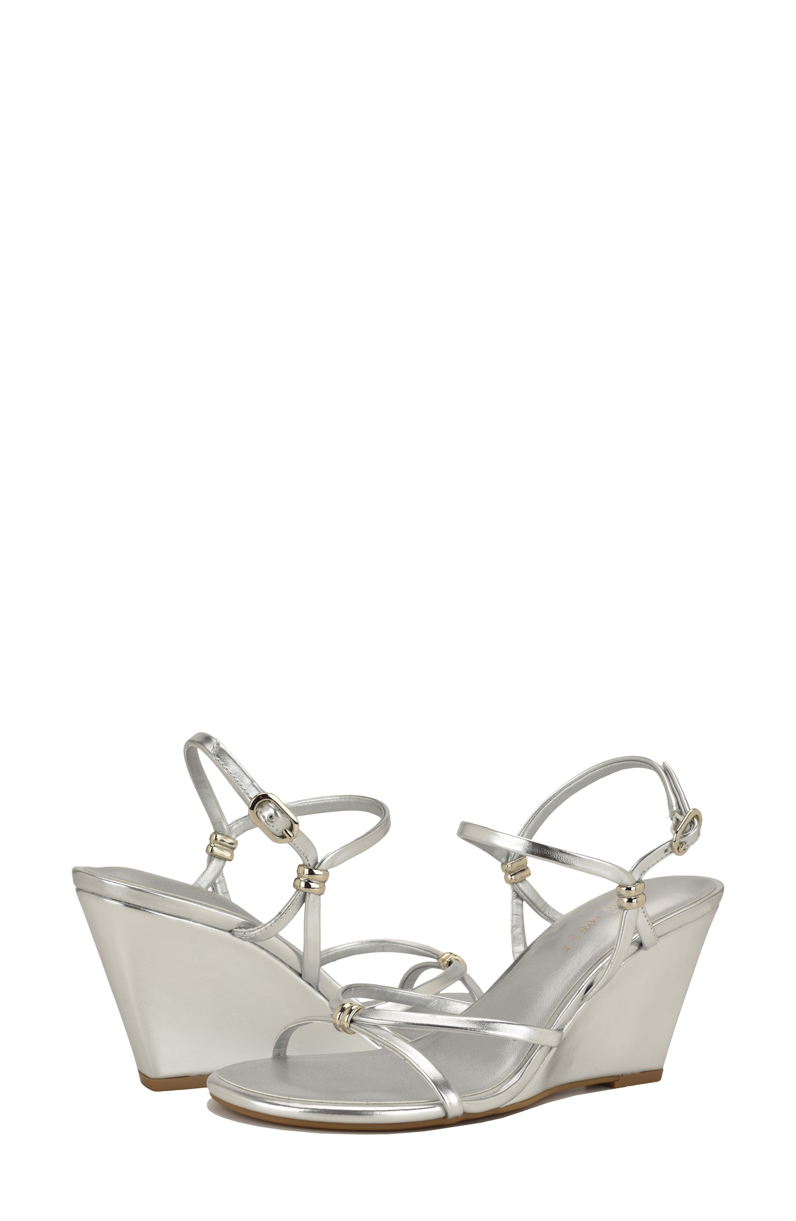 Deklyn Faux Leather Wedge Sandal, Alternate, color, SILVER