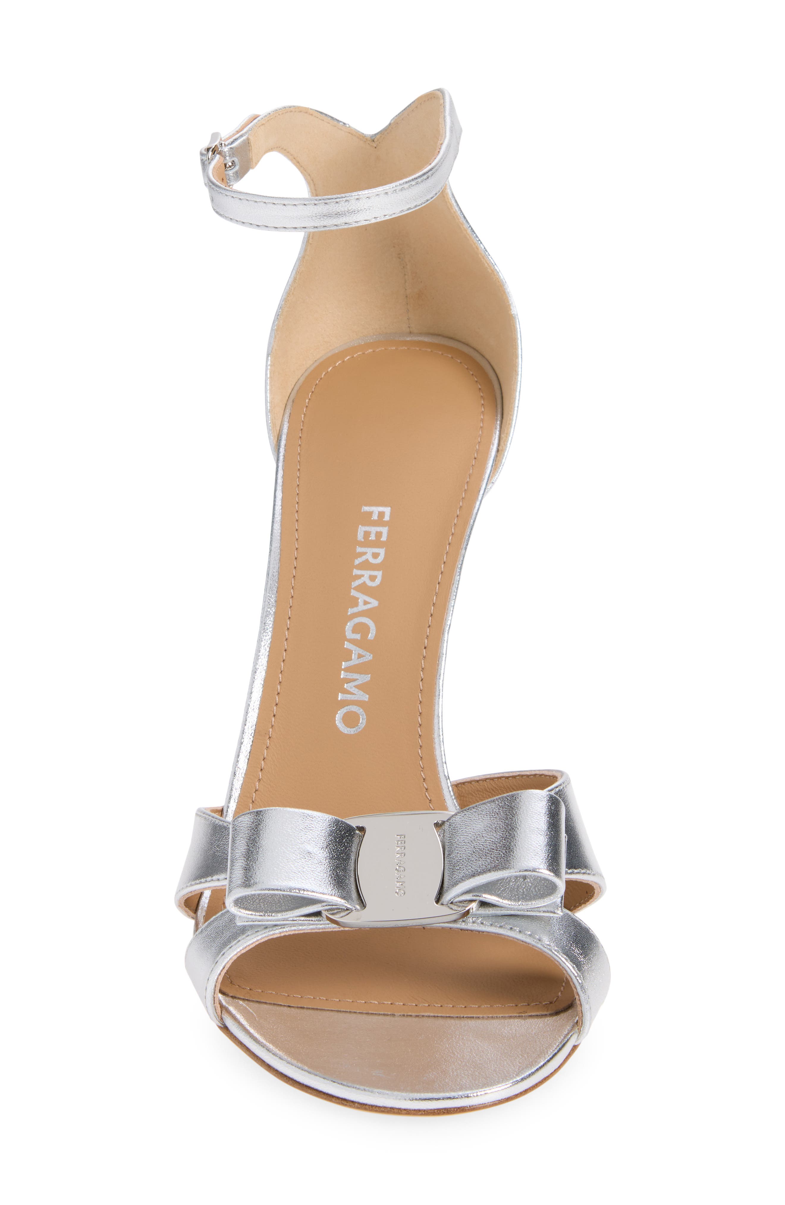 FERRAGAMO Roxy Metallic Bow Ankle Strap Sandal, Alternate, color, Silver Fondo Bianco Biscotto