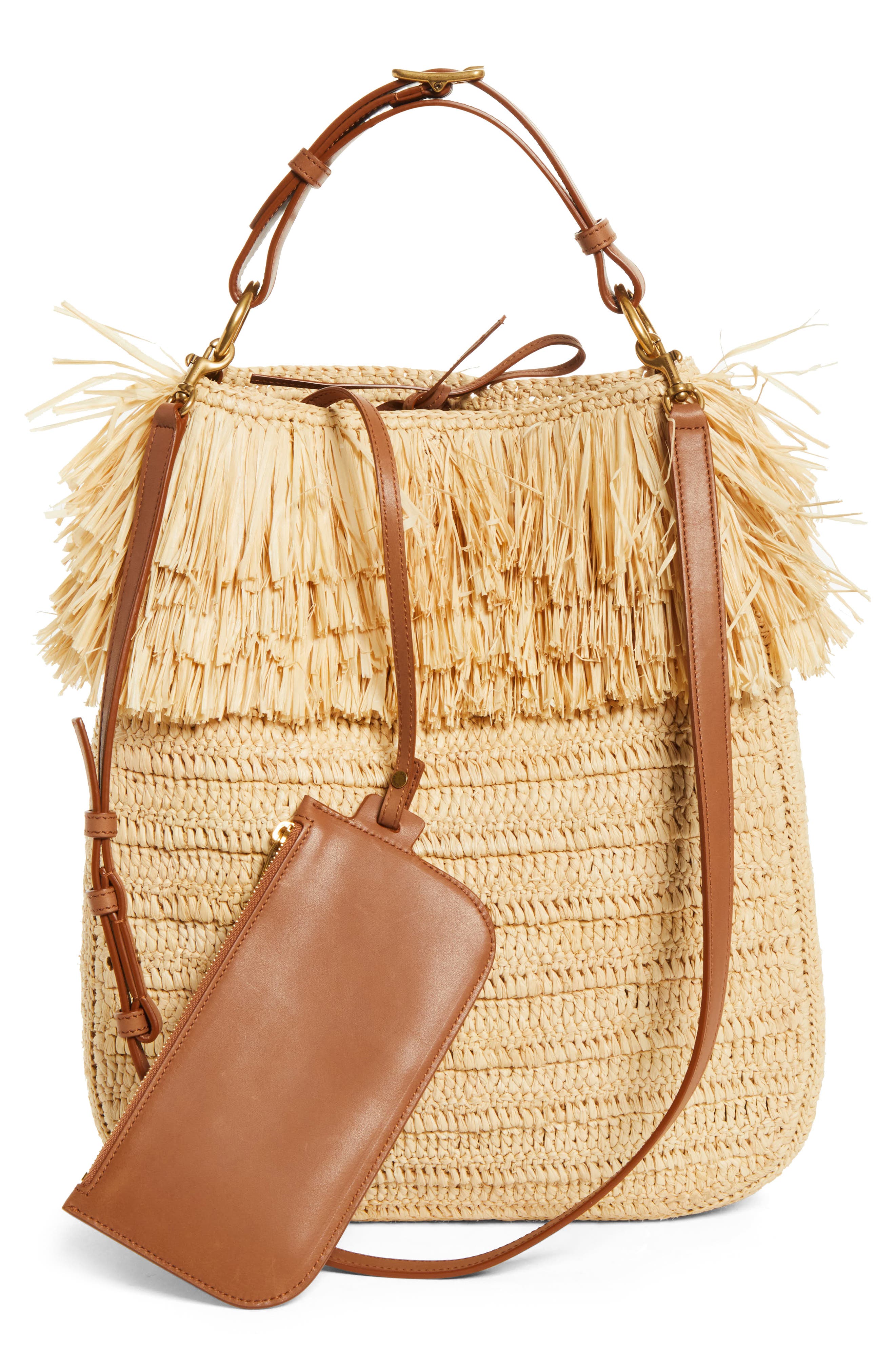 Saint Laurent Roady Fringed Raffia Shoulder Bag11324121, Alternate, color, 2791 Pale Brown/ Brick