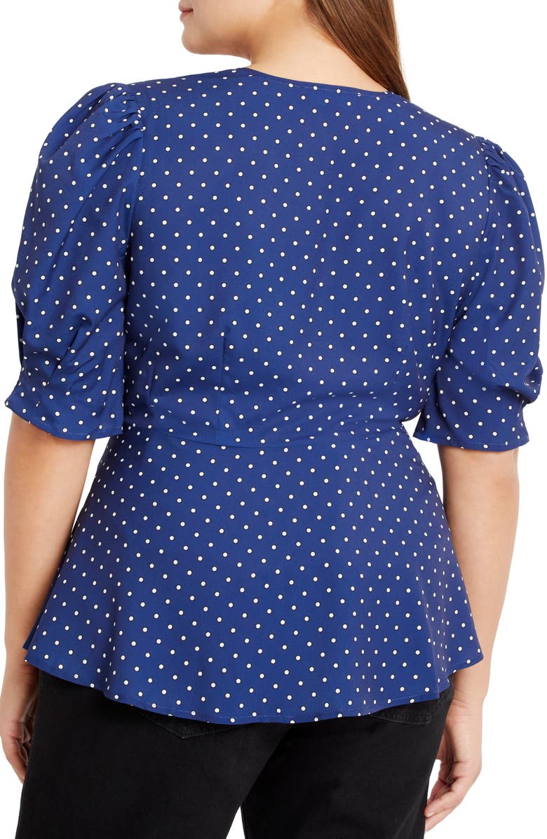 ELOQUII Polka Dot Puff Sleeve Peplum Top, Alternate, color,