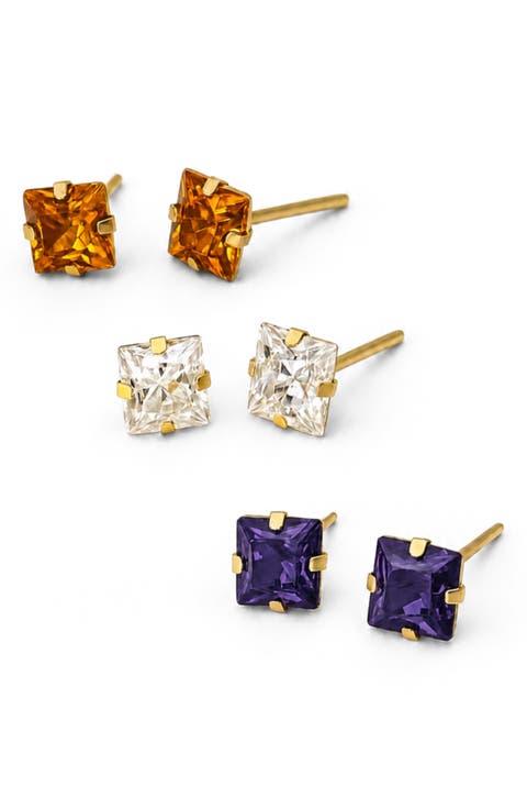 Set of 3 14k Gold Square Gemstone Stud Earrings