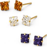 BEST SILVER Set of 3 14k Gold Square Gemstone Stud Earrings
