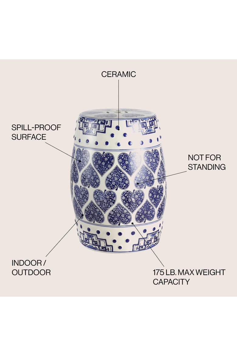 Happy Hearts Traditional Floral Chinoiserie Ceramic Drum Garden Stool, Pierced Indoor/Outdoor Patio Seat & Side Table, Alternate, color, Blue/White