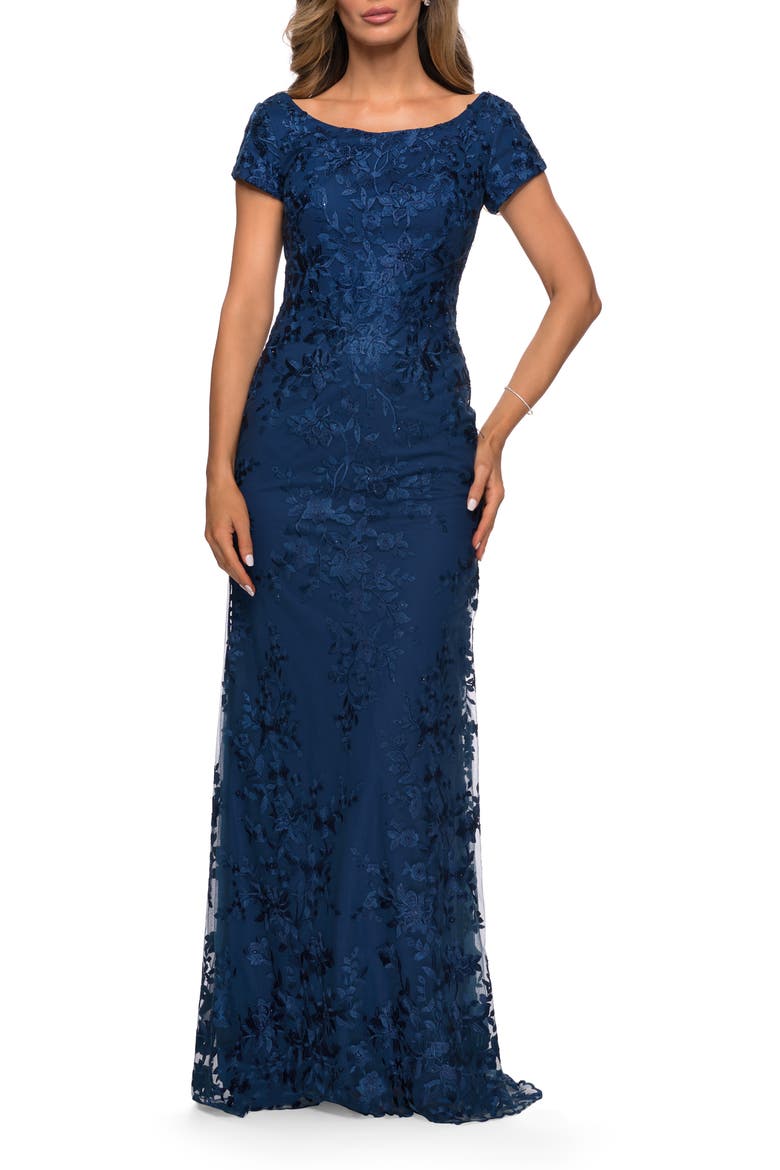 Long Three Quarter Sleeve Floral Lace Evening Gown, Main, color, Navy