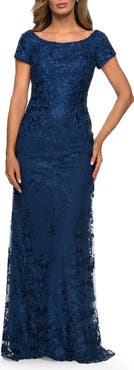 La Femme Long Three Quarter Sleeve Floral Lace Evening Gown