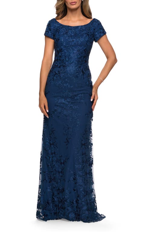 La Femme Long Three Quarter Sleeve Floral Lace Evening Gown In Navy