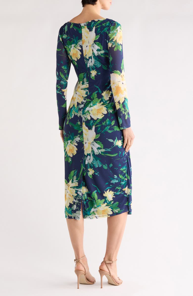 Vince Camuto Floral Long Sleeve Ruched Mesh Body-Con Dress, Alternate, color, Navy Multi