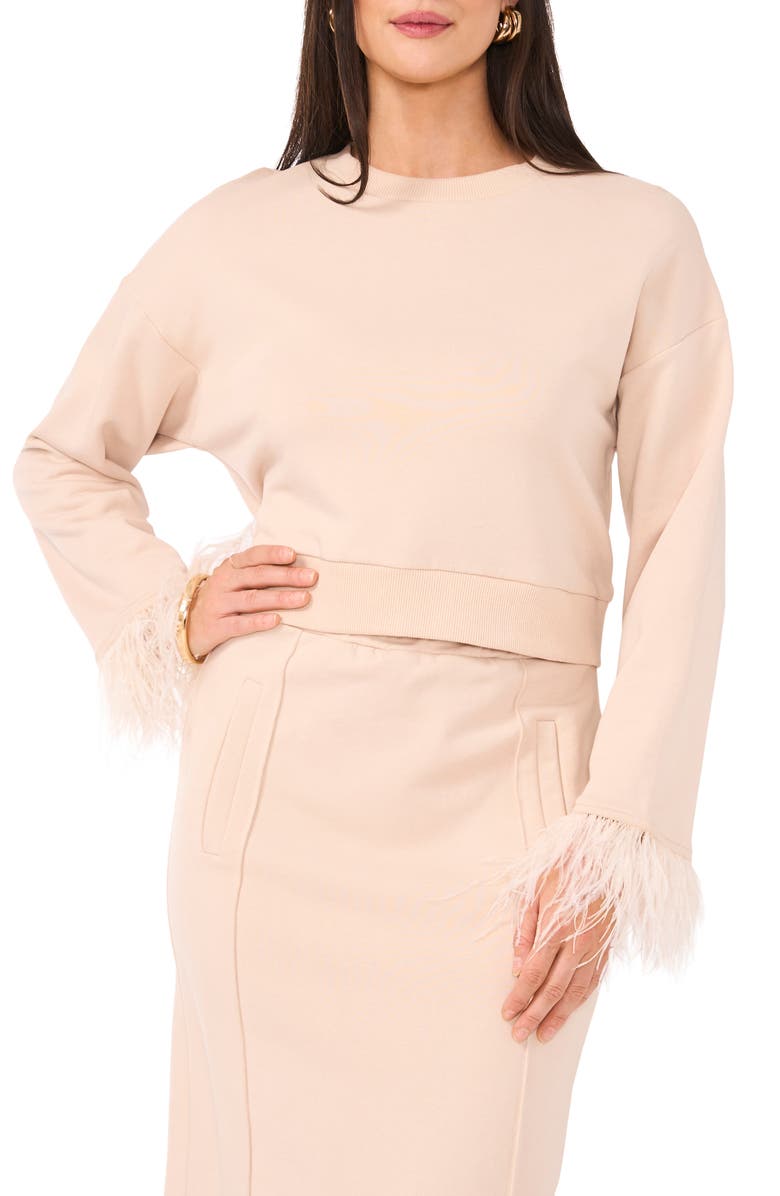 Vince Camuto Crewneck Shirt with Feather Cuffs, Main, color, 