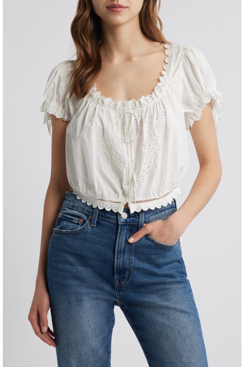 Nera Eyelet Ruffle Organic Cotton Crop Top, Main, color, SALT