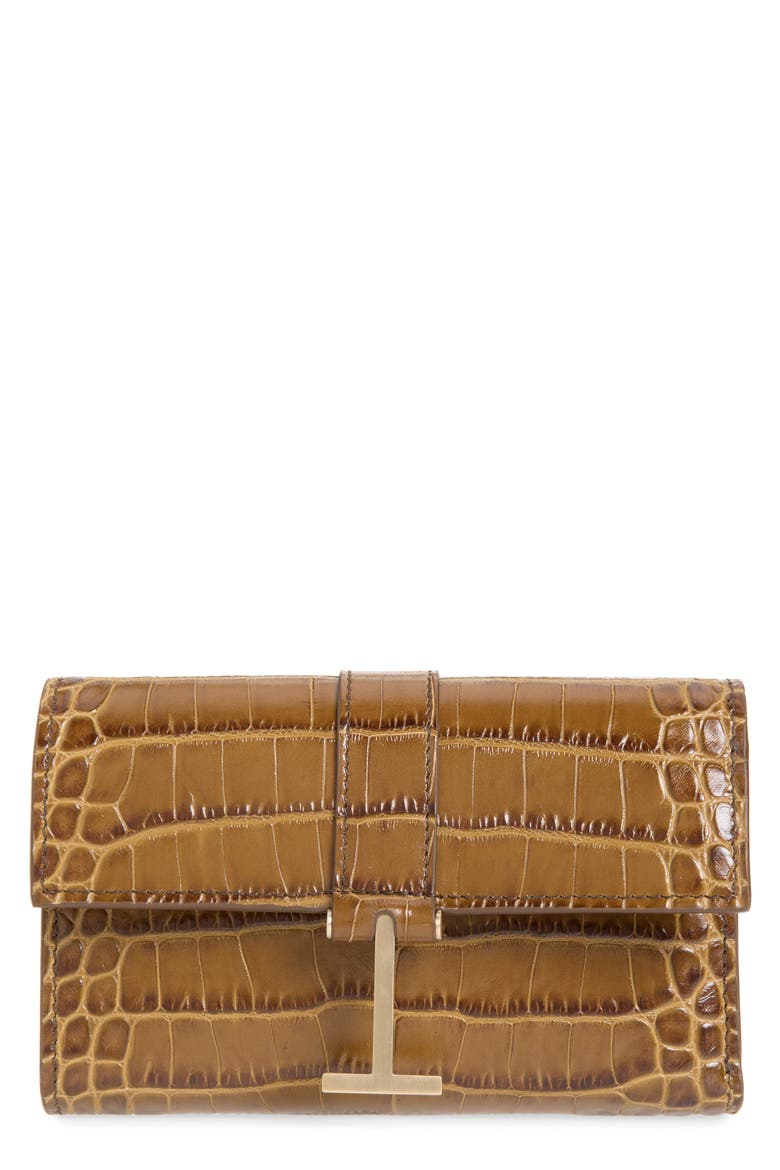 Kara Croc Embossed Leather Compact Wallet, Main, color, CINNAMON
