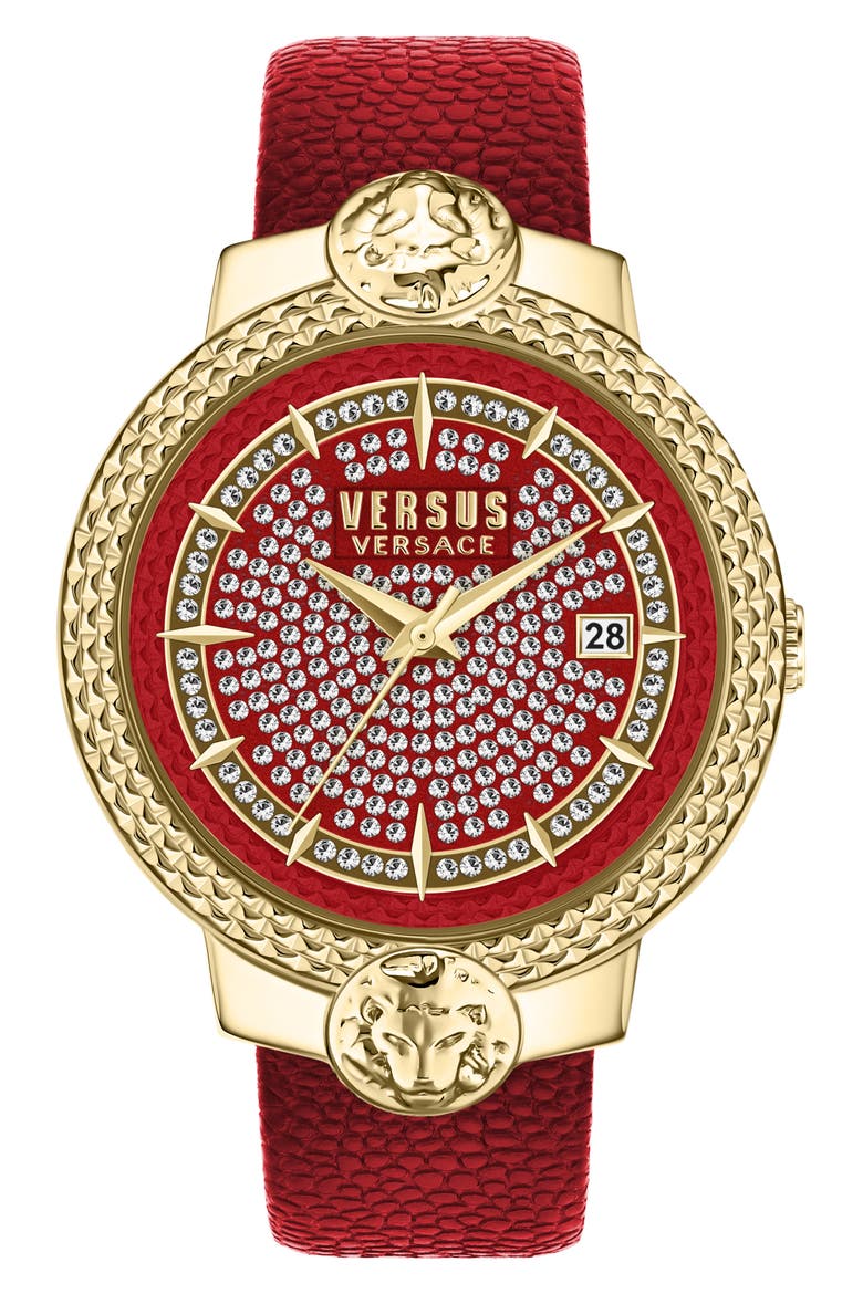 Mouffetard Swarovski Crystal Embellished Leather Strap Watch, 38mm, Main, color, GOLD