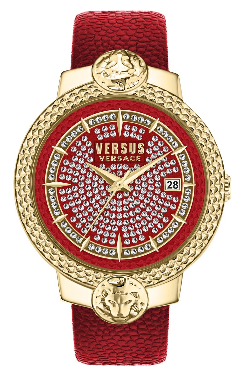 VERSUS Versace Mouffetard Swarovski Crystal Embellished Leather Strap Watch, 38mm, Main, color, Gold