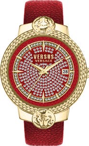 VERSUS Versace Mouffetard Swarovski Crystal Embellished Leather Strap Watch, 38mm