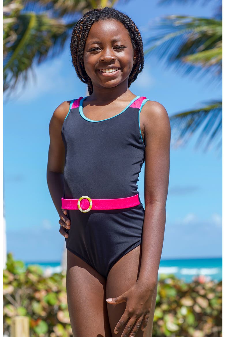 Color-Block Shoulders Neon Pink Belt and Turquoise Trim One-Piece Swimsuit, Alternate, color, Black