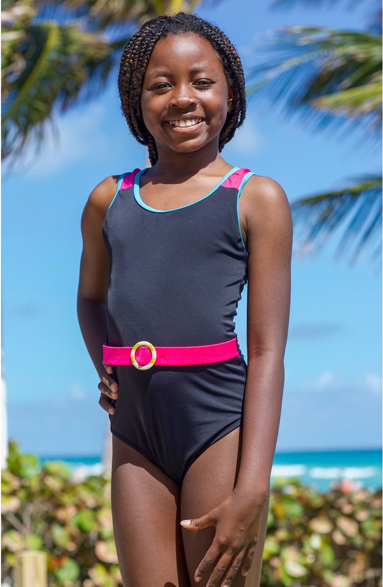 NESSI BYRD Color-Block Shoulders Neon Pink Belt and Turquoise Trim One-Piece Swimsuit, Alternate, color, Black