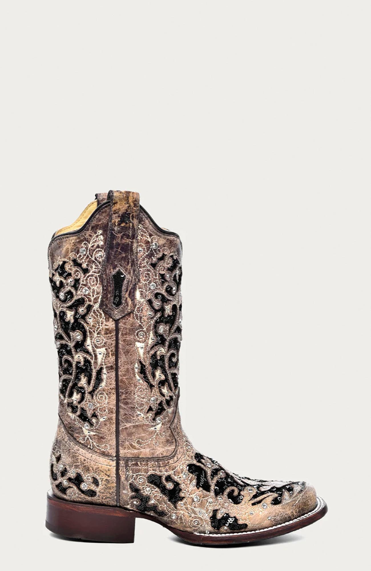 Cowhide Crystal Accent Studded Floral Detail Square Toe Western Boots, Alternate, color, Brown