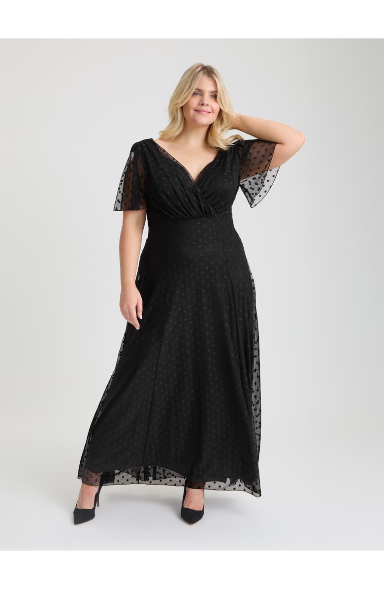 Scarlett & Jo Isabelle Spot Angel Sleeve Maxi Dress, Main, color, Black Dobby Spot