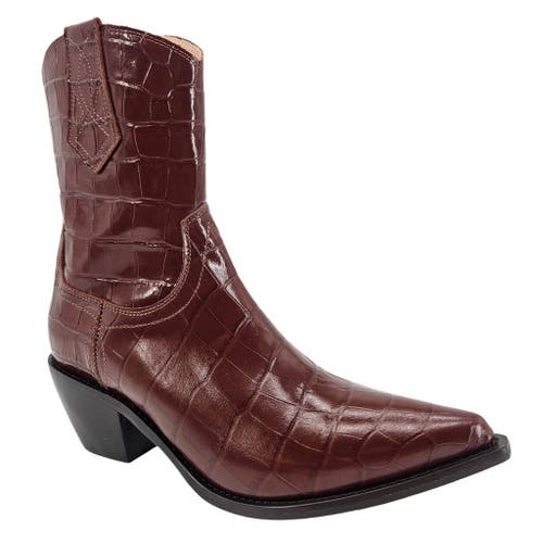 Madison Maison Croc Embossed Pointy  Ankle Boot In Brown