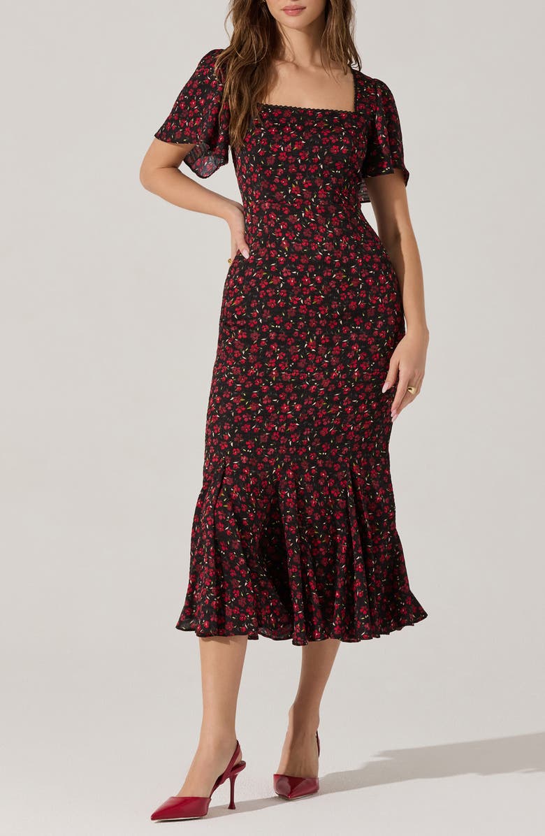 ASTR the Label Sara Floral Short Sleeve Dress, Main, color, Black Red Floral