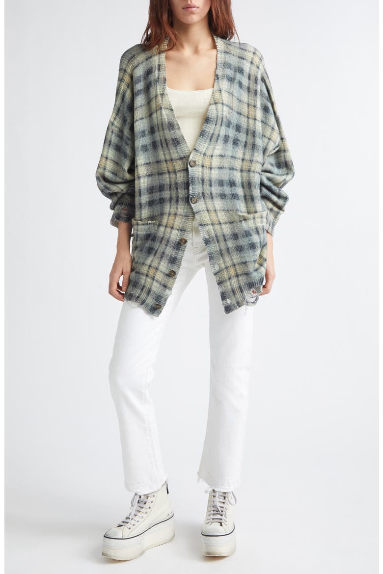 Oversize Distressed Plaid Wool & Cashmere V-Neck Cardigan, Alternate, color, GREY BLACK PLAID